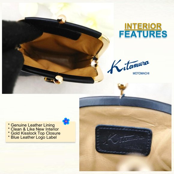 KITAMURA Japan Mini Wallet Bag GenuineLeather Pearlized Ivory Blue Gold Kisslock - Picture 7 of 11